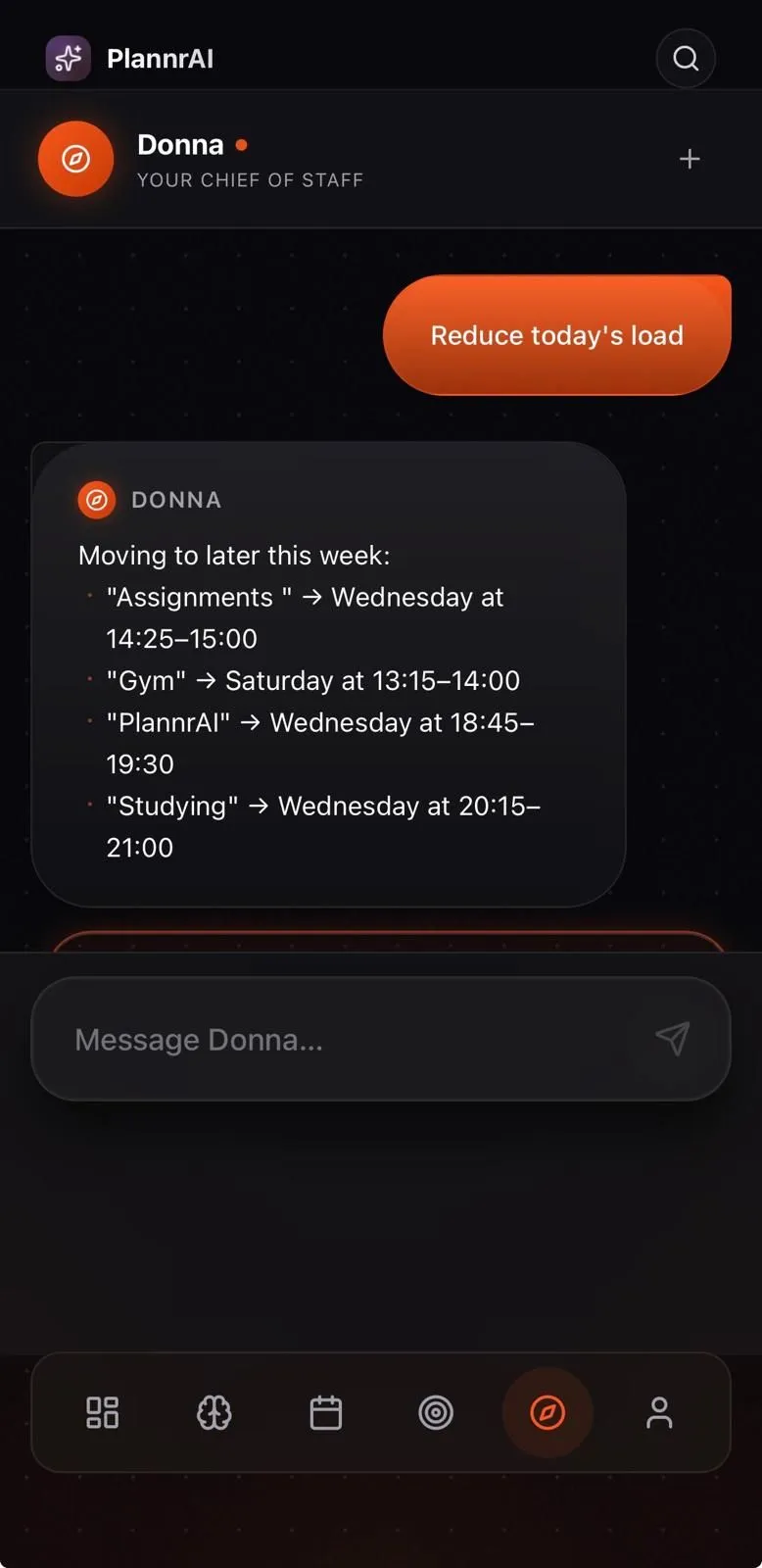 Chat with Donna, PlannrAI’s AI chief of staff, moving tasks to later in the week after a request to reduce today’s load