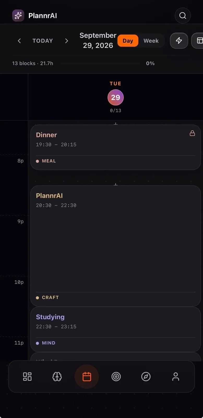 PlannrAI day view for Tuesday 29 September with time blocks for dinner, PlannrAI work and studying