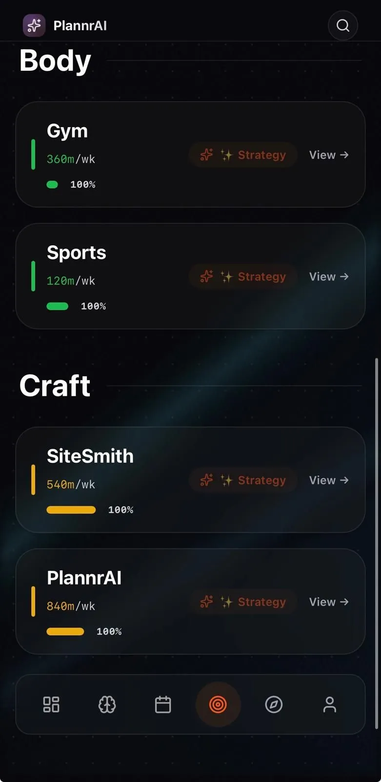 PlannrAI goals screen tracking weekly minutes for gym, sports, SiteSmith and PlannrAI, each with a Strategy button