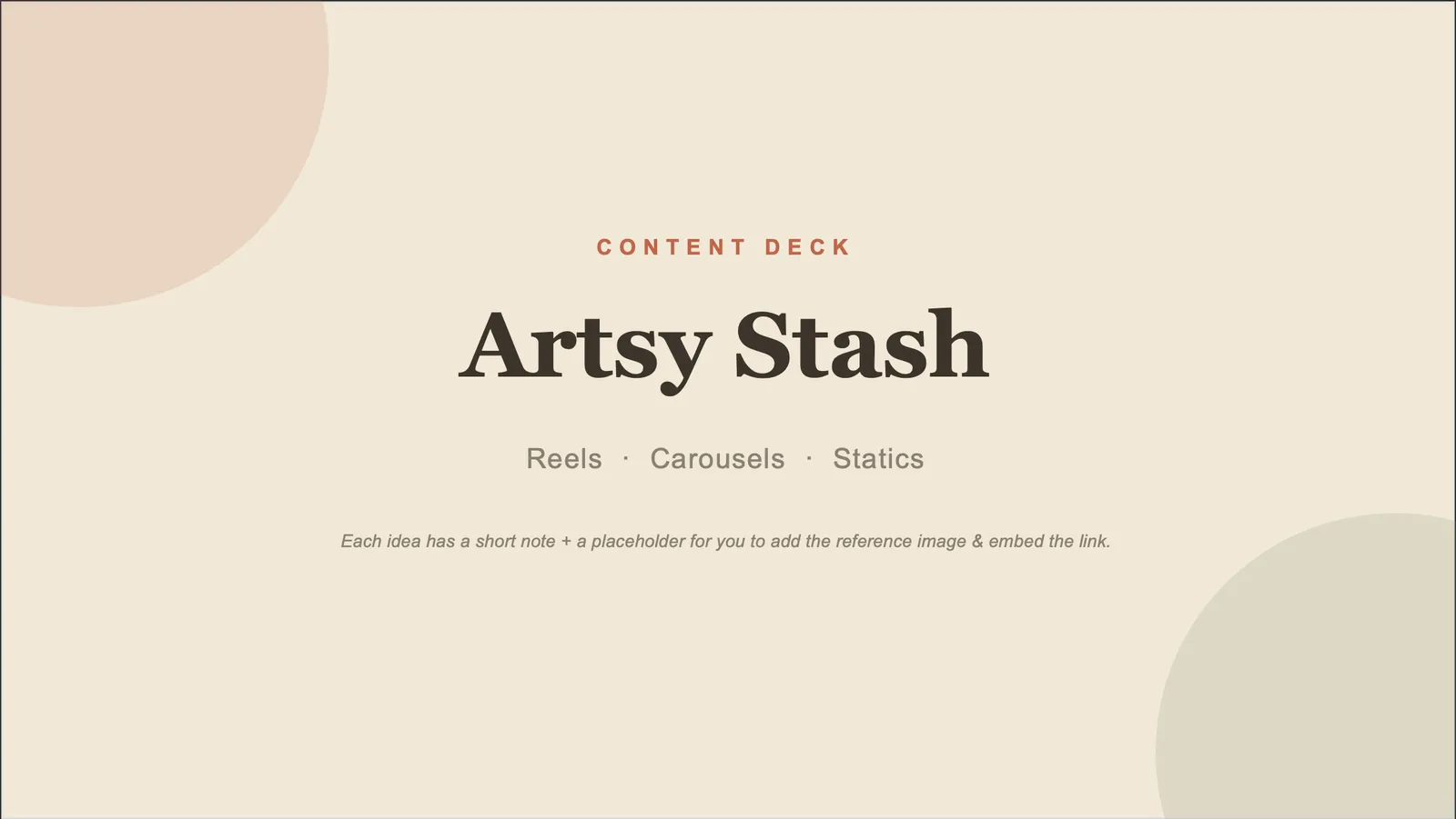 Title slide of the Artsy Stash content deck, covering reels, carousels and static posts